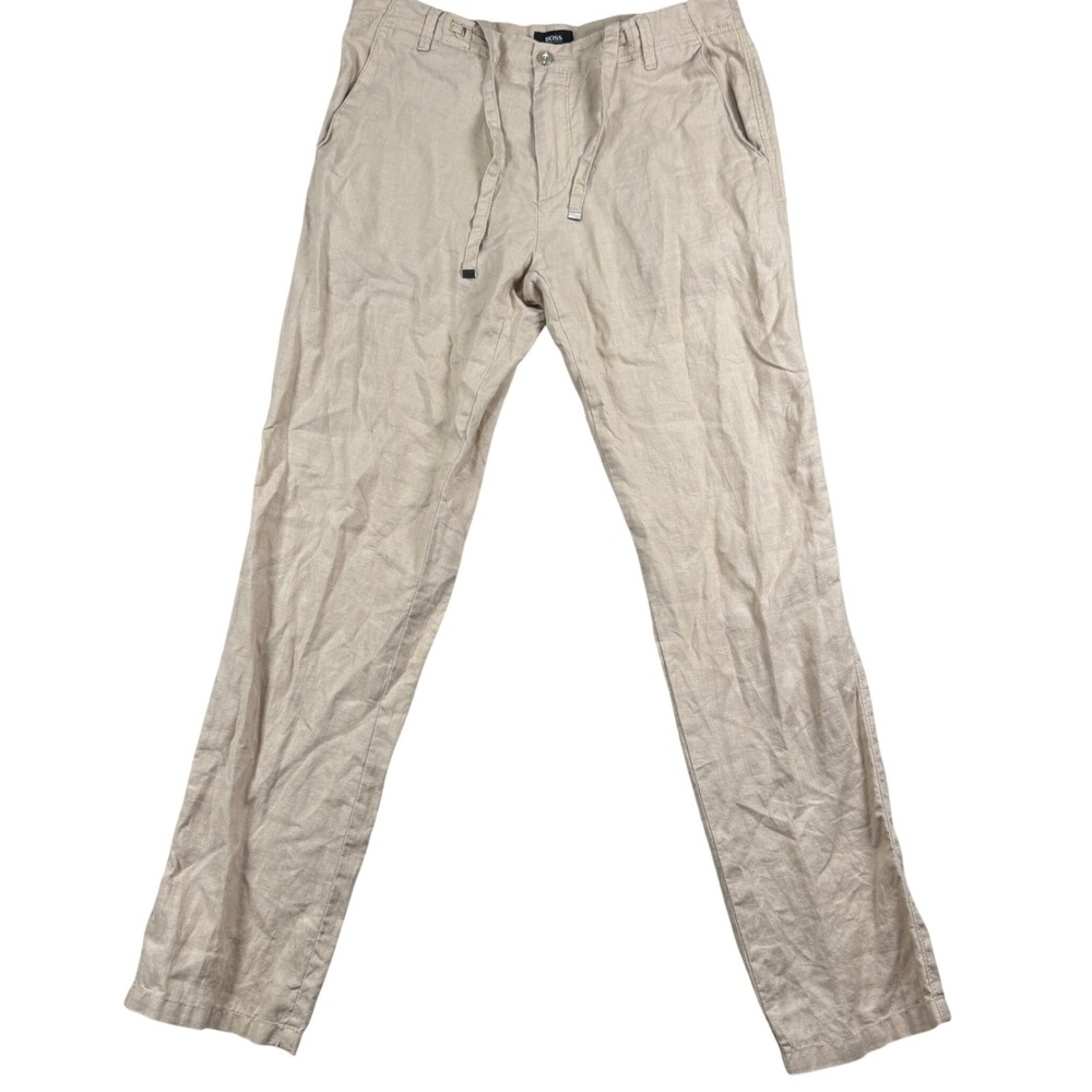 Hugo Boss Pants Mens 32R Beige Linen Drawstring Straight Leg Trousers